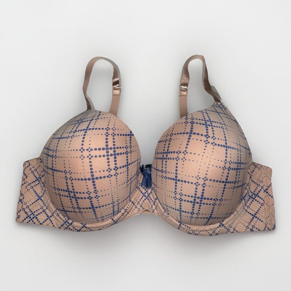 Simply Basic Plunge Bra 44B Nude with Blue Dot Grid Print Padded Underwire NWT